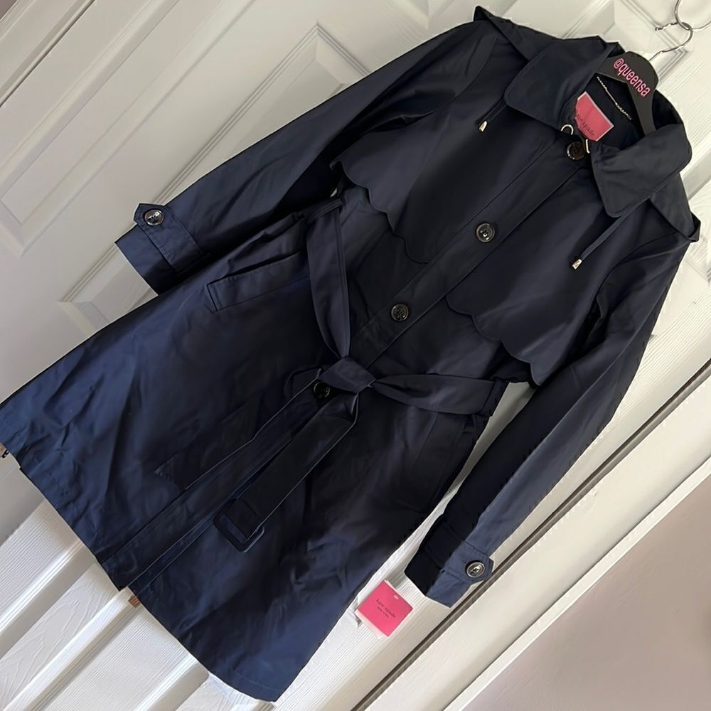 Kate Spade Scalloped Hooded Trench Coat Navy Blue Size S - Picture 5 of 16